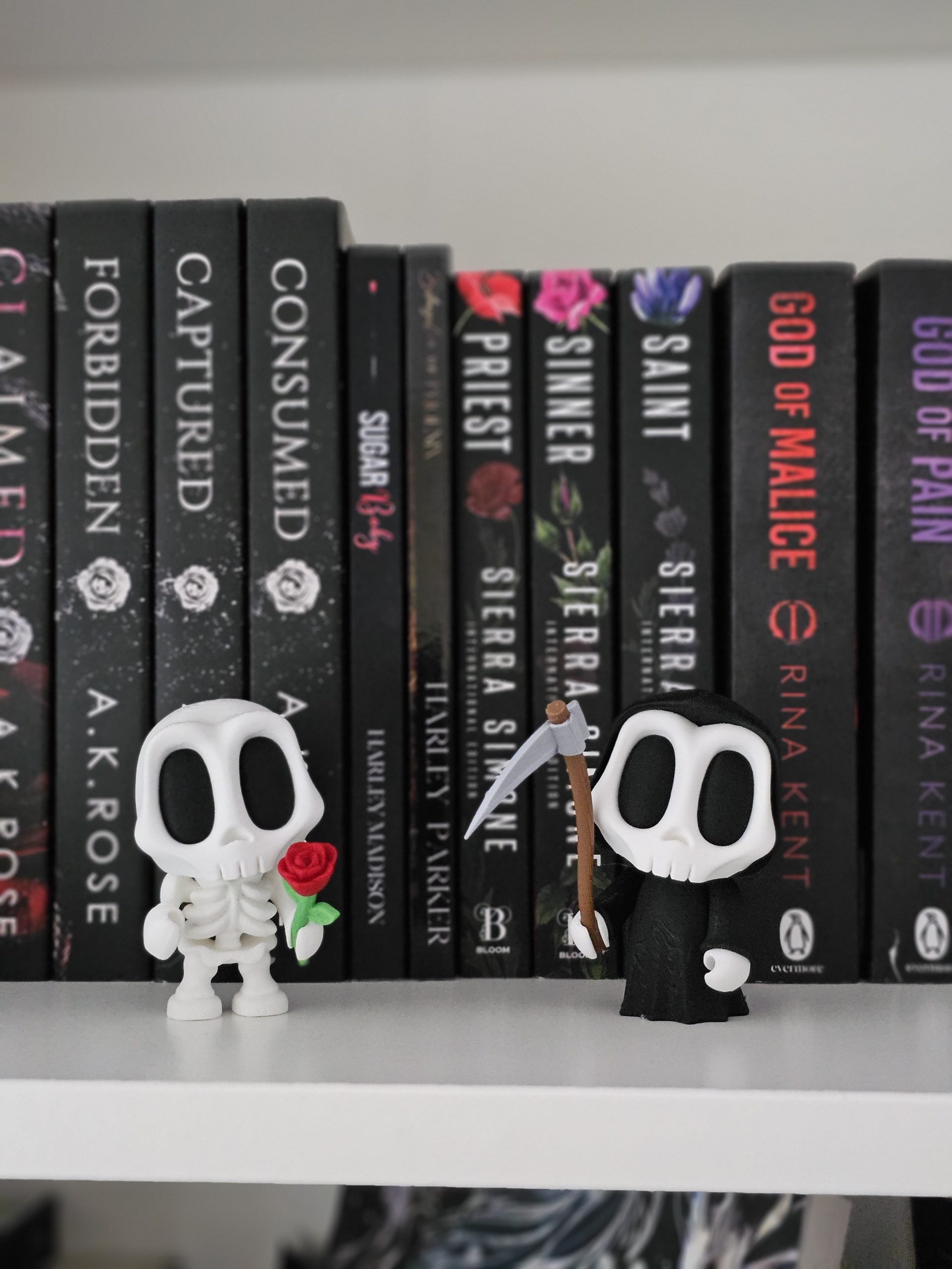 Gothic Grim Reaper Figurine & Skeleton with Rose | 3D Printed Halloween Bookshelf Decor image 0