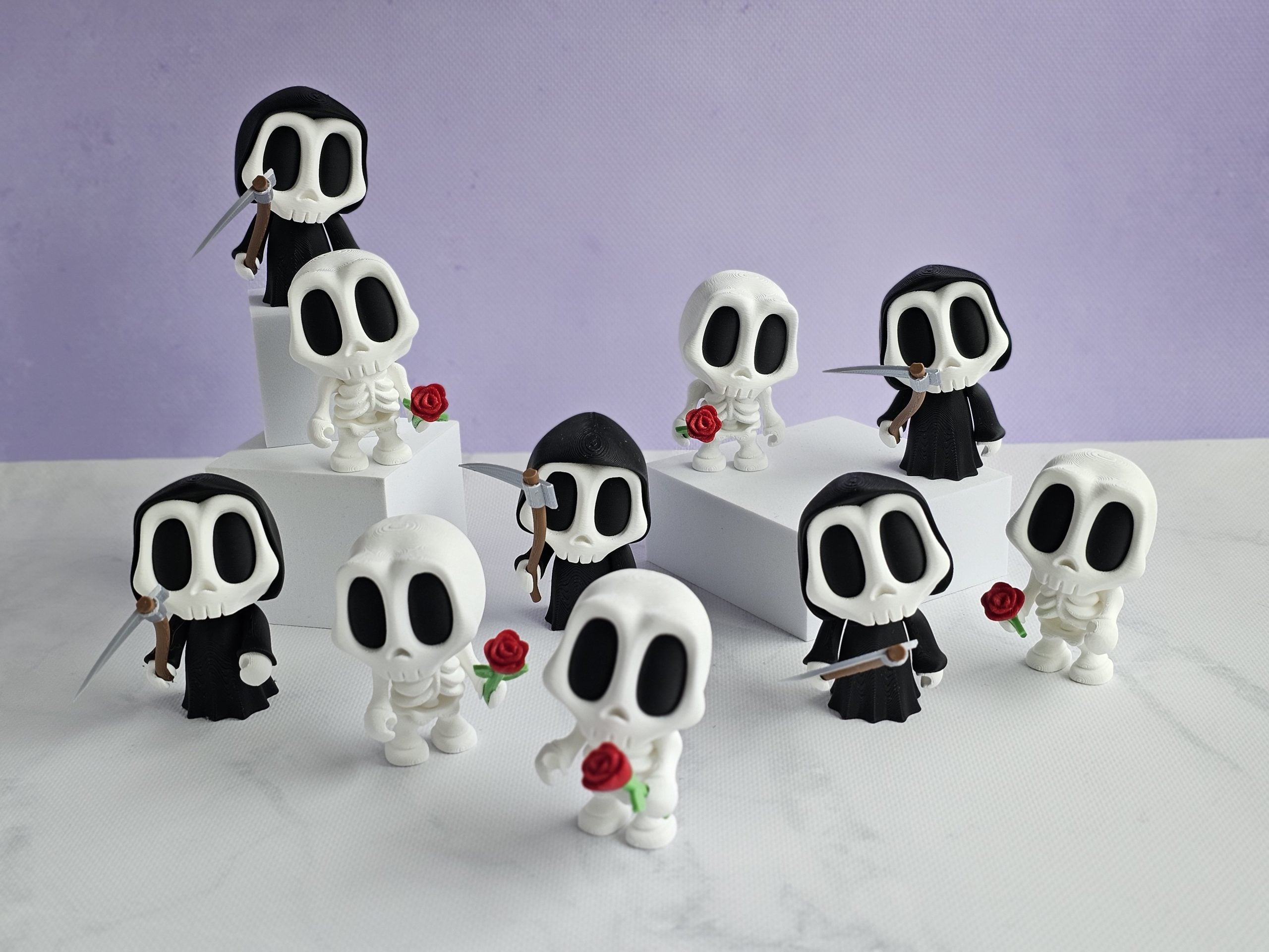 Gothic Grim Reaper Figurine & Skeleton with Rose | 3D Printed Halloween Bookshelf Decor image 2