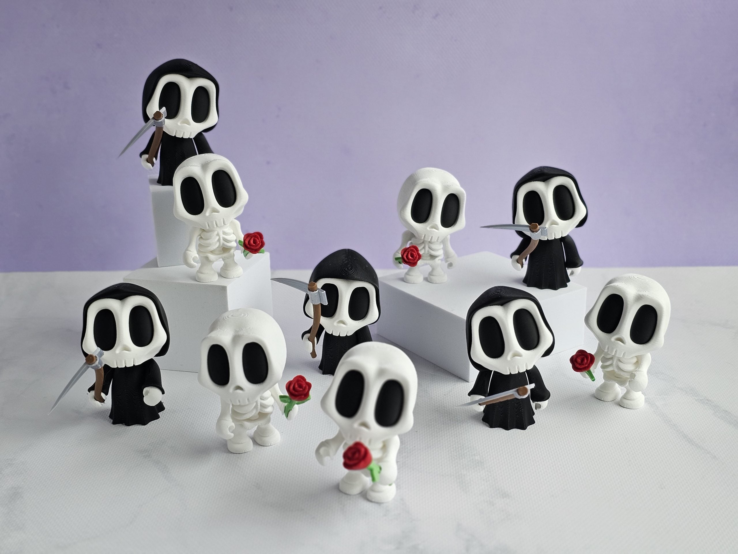 Gothic Grim Reaper Figurine & Skeleton with Rose | 3D Printed Halloween Bookshelf Decor image 3