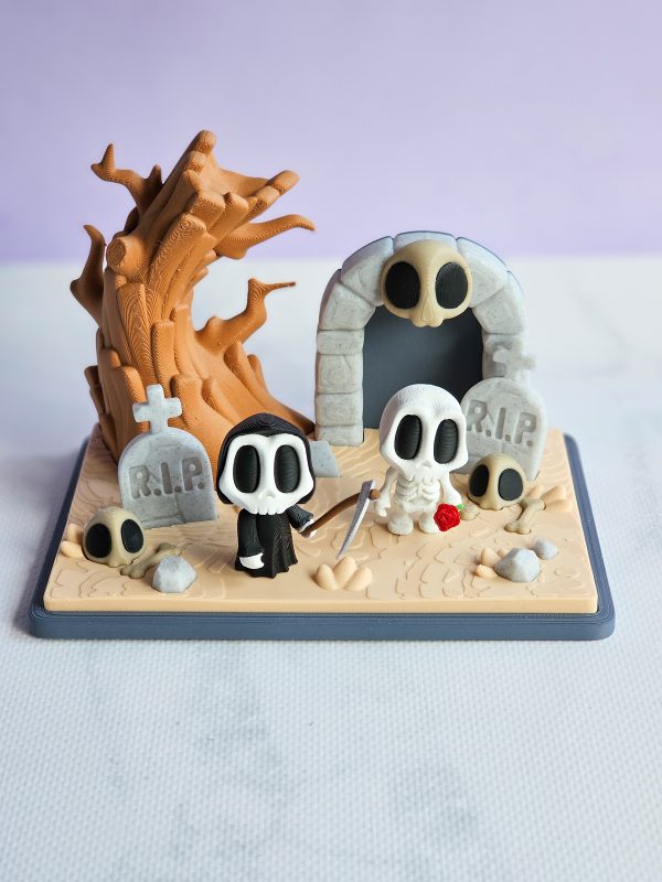 Grim Reaper Figurine, Skeleton with Rose with Graveyard - Image 3