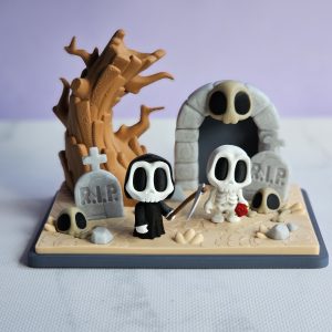 Grim Reaper Figurine, Skeleton with Rose with Graveyard