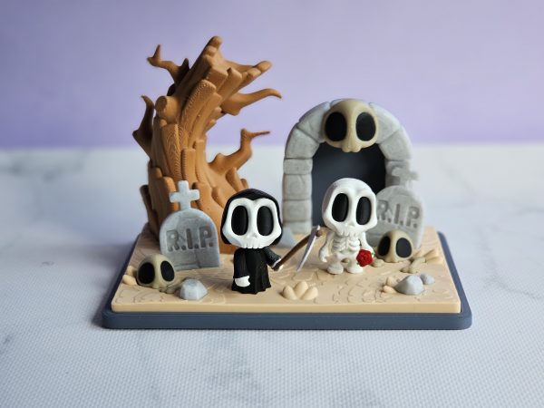 Grim Reaper Figurine, Skeleton with Rose with Graveyard