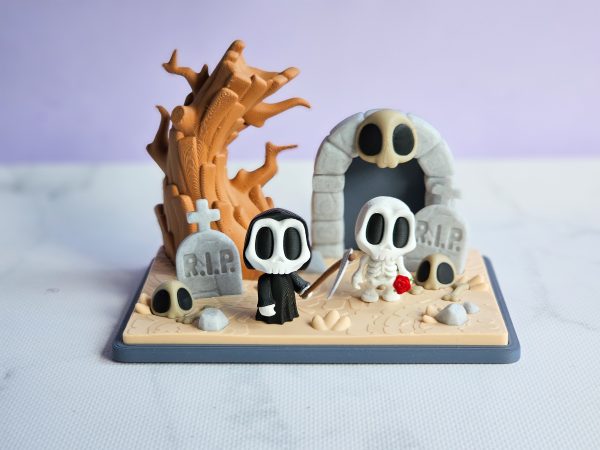Grim Reaper Figurine, Skeleton with Rose with Graveyard - Image 2